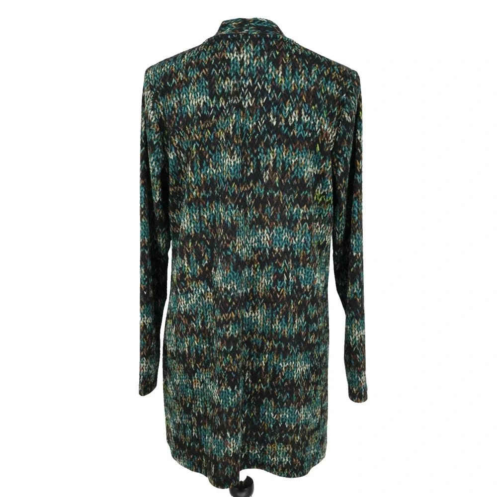 Susan Graver Sweater Womens Medium Green Black Stretch Knit Open Cardigan